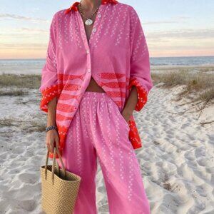 Pink Oversized Women's Long Sleeve Sardine Print Vacation Set
